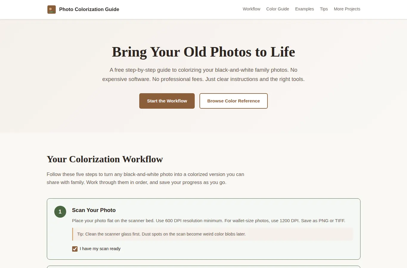 Screenshot of Bring Your Old Photos to Life: Colorization Guide interface showing the project page in use